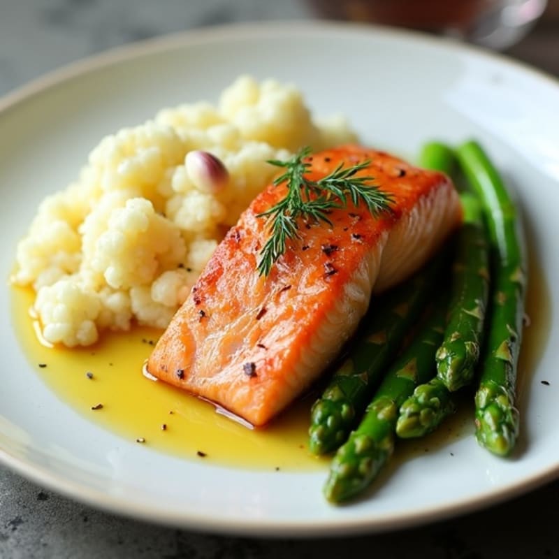 Seared Salmon with Steamed Asparagus and Garlic Mashed Cauliflower