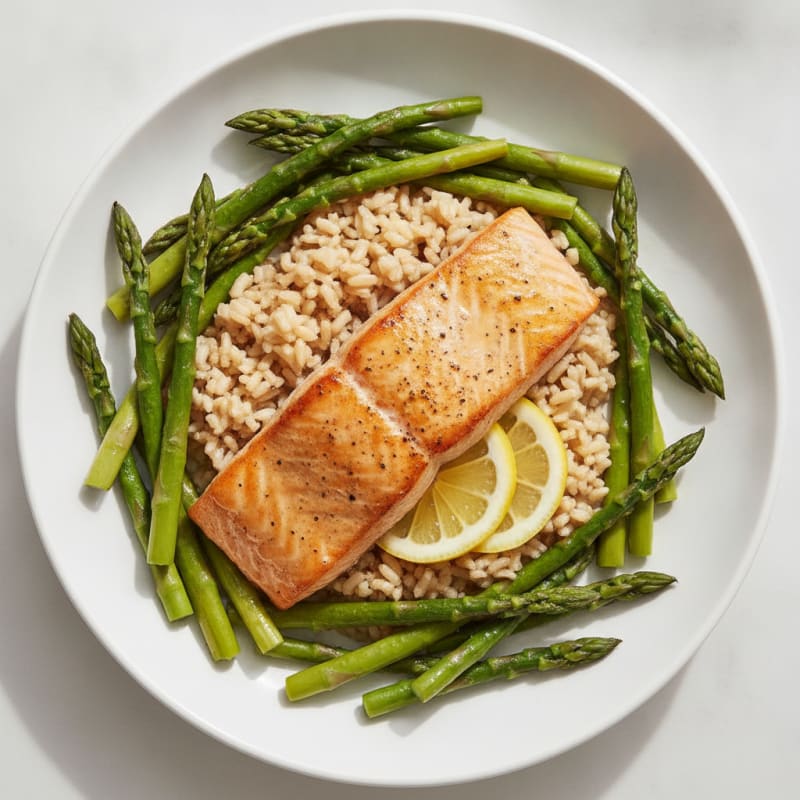 Seared Salmon Fillet with Steamed Asparagus and Brown Rice