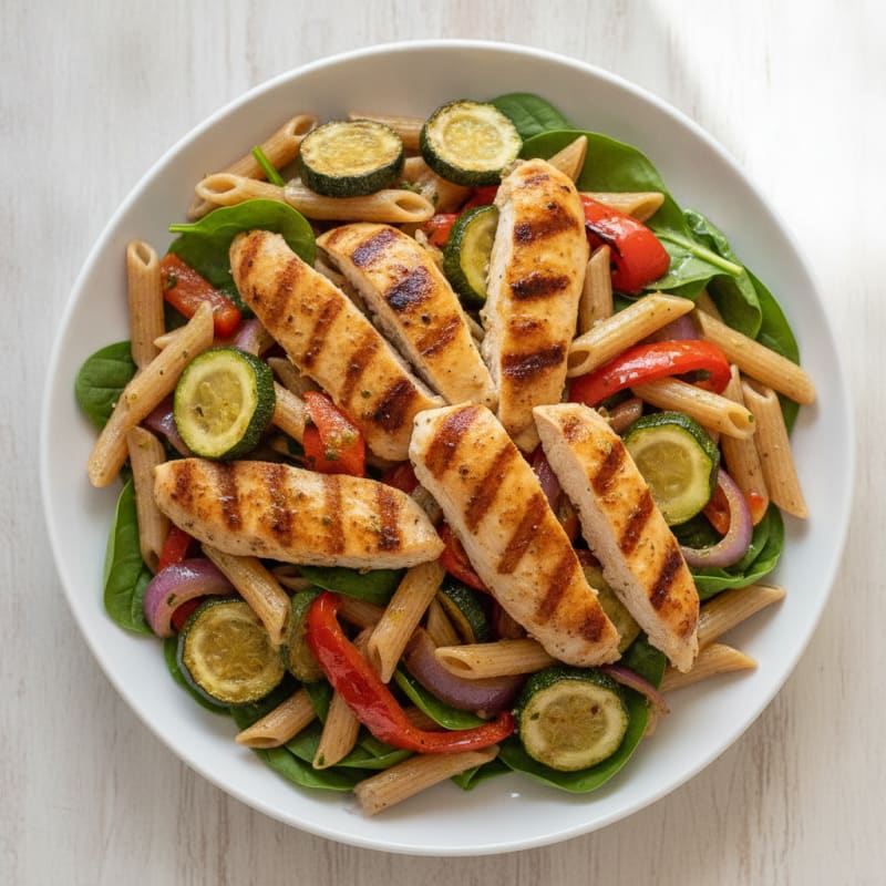 Grilled Chicken Pasta Salad with Roasted Vegetables and Spinach