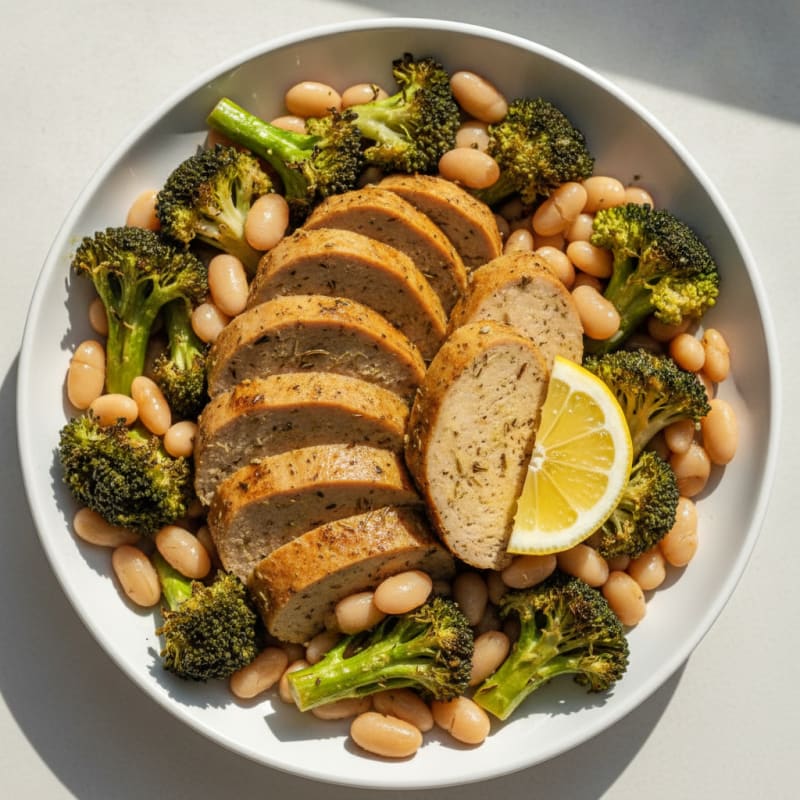 Herb-Baked Seitan with Roasted Broccoli and Cannellini Beans
