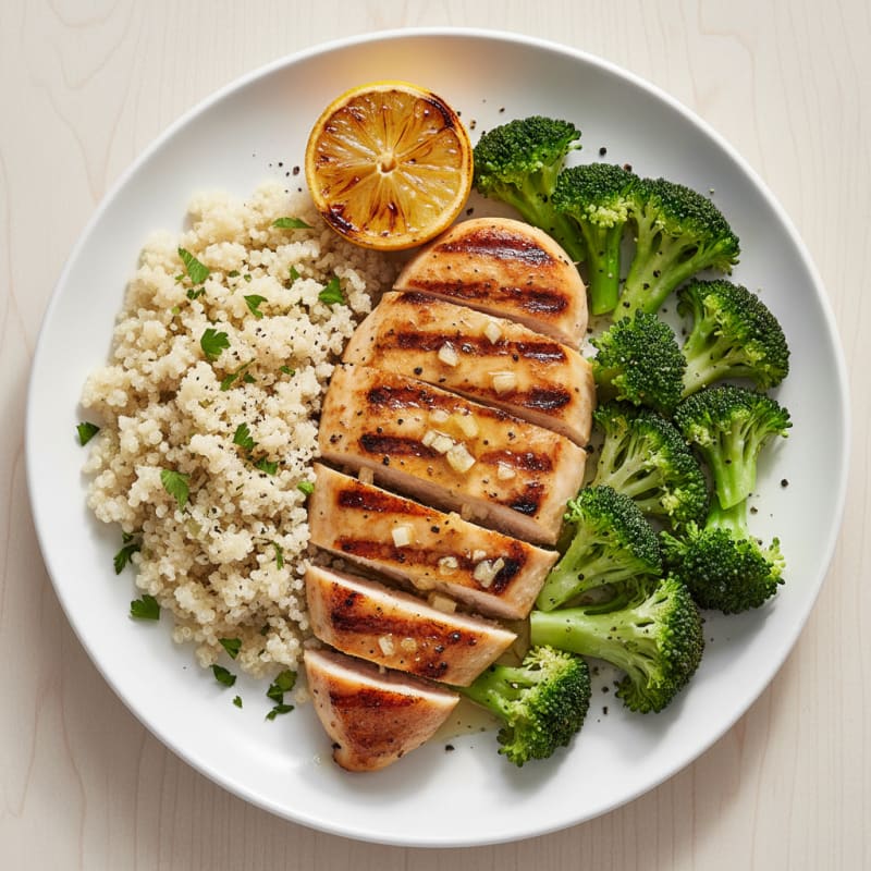 Grilled Lemon-Garlic Chicken Breast with Quinoa and Steamed Broccoli