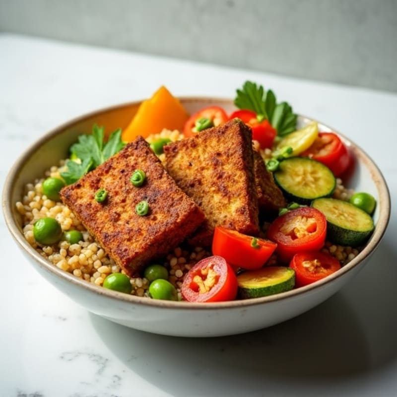 Crispy Tofu and Edamame Power Bowl with Quinoa and Roasted Vegetables