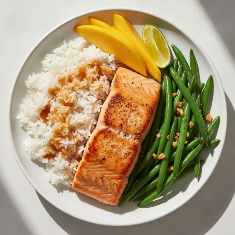 Seared Salmon with Steamed Jasmine Rice and Garlic Green Beans