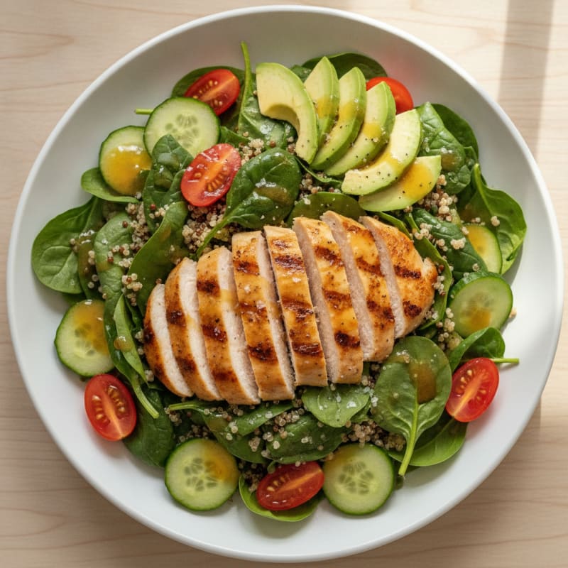 Grilled Chicken Spinach Salad with Quinoa and Lemon Vinaigrette