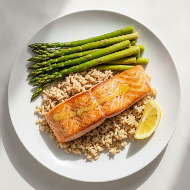 Seared Salmon with Steamed Asparagus and Brown Rice