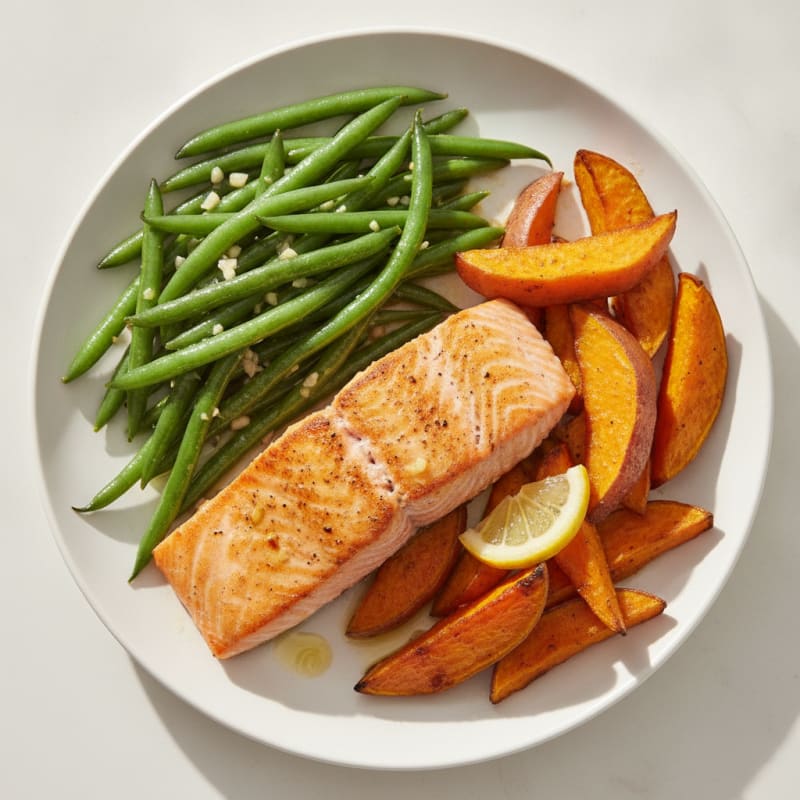 Seared Salmon Fillet with Garlic Green Beans and Roasted Sweet Potato