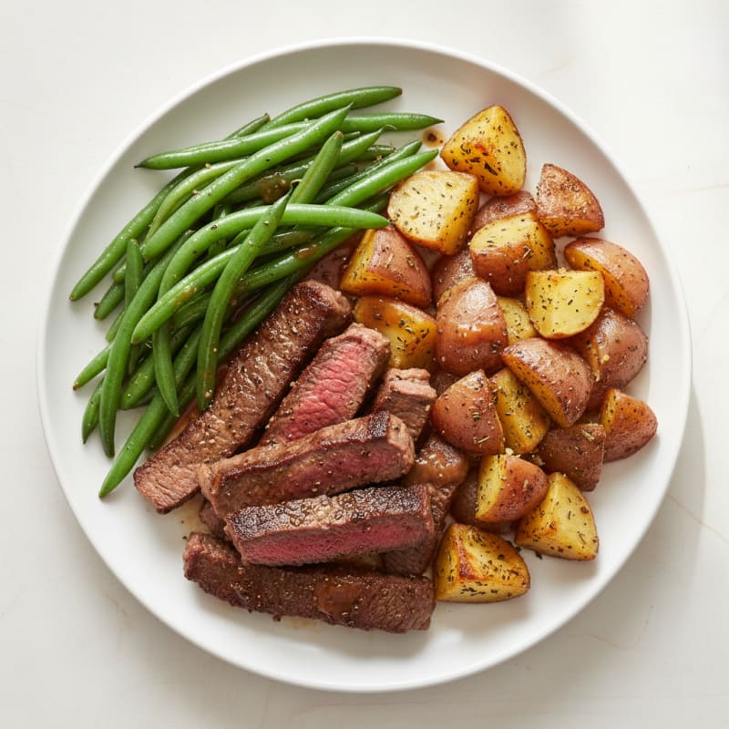 Seared Beef Strips with Roasted Potatoes and Steamed Green Beans
