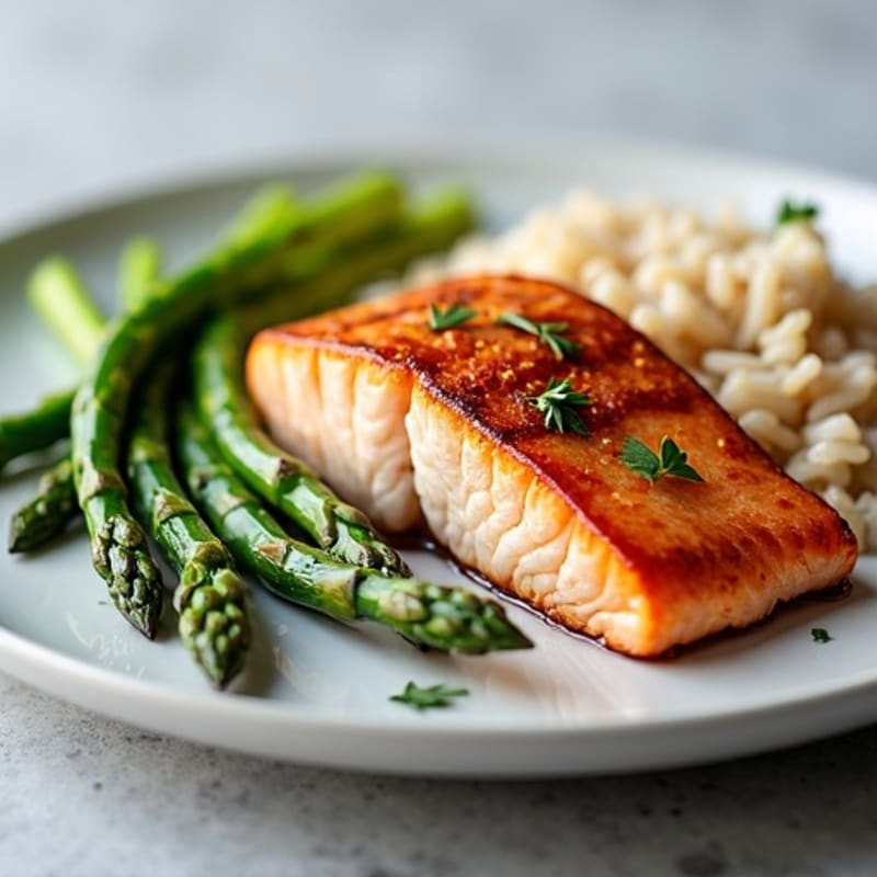 Seared Salmon with Steamed Asparagus and Brown Rice