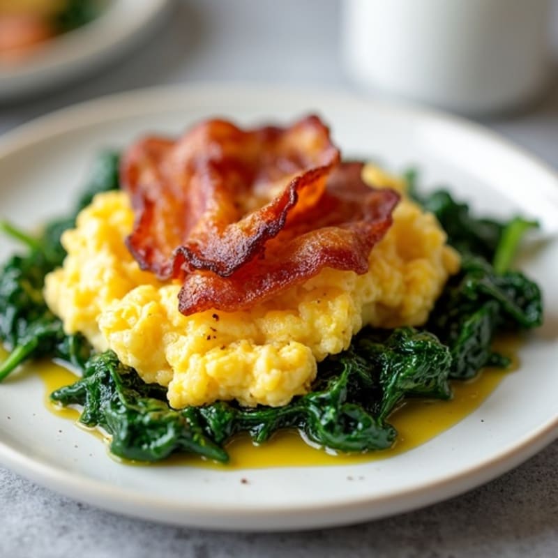 Crispy Turkey Bacon and Egg White Scramble with Sautéed Spinach