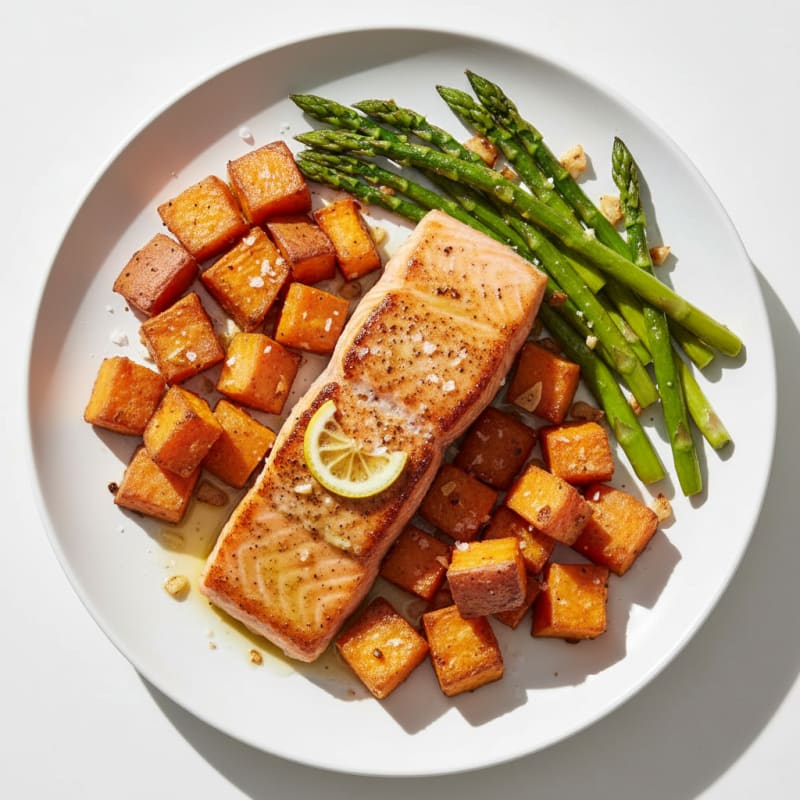 Seared Salmon Fillet with Roasted Sweet Potatoes and Asparagus