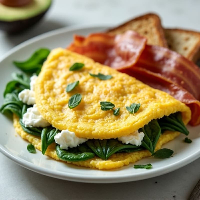 Egg White Spinach Omelette with Cottage Cheese and Turkey Bacon