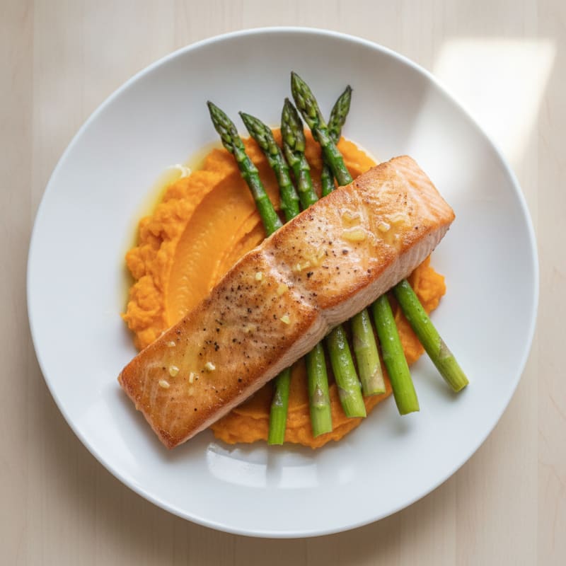 Seared Salmon with Roasted Asparagus and Sweet Potato Mash