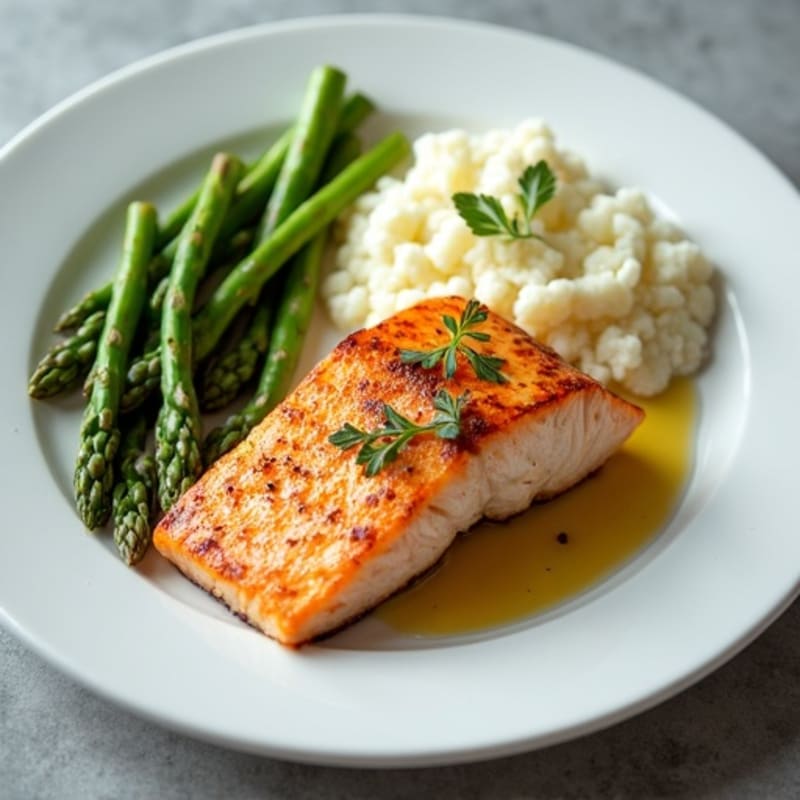 Seared Salmon with Steamed Asparagus and Mashed Cauliflower