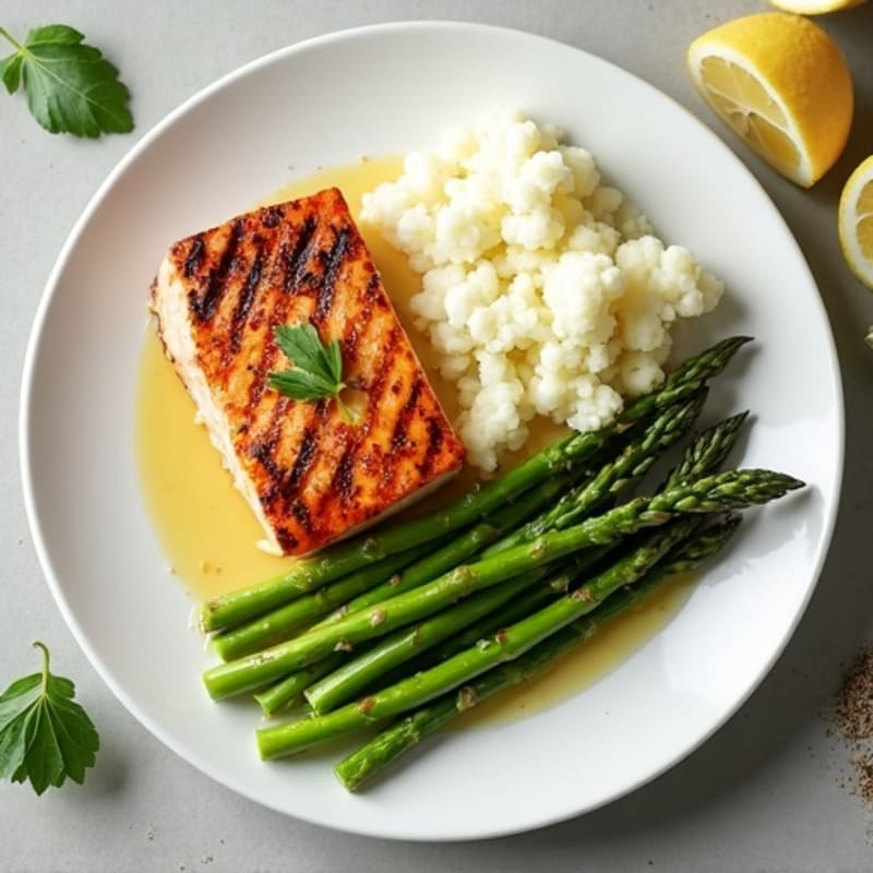 Seared Salmon with Steamed Asparagus and Cauliflower Mash