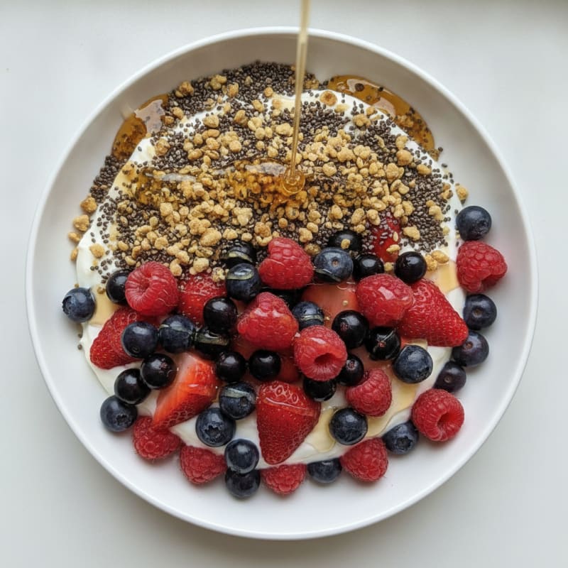 Silky Greek Yogurt Parfait with Mixed Berries and Chia Hemp Crunch