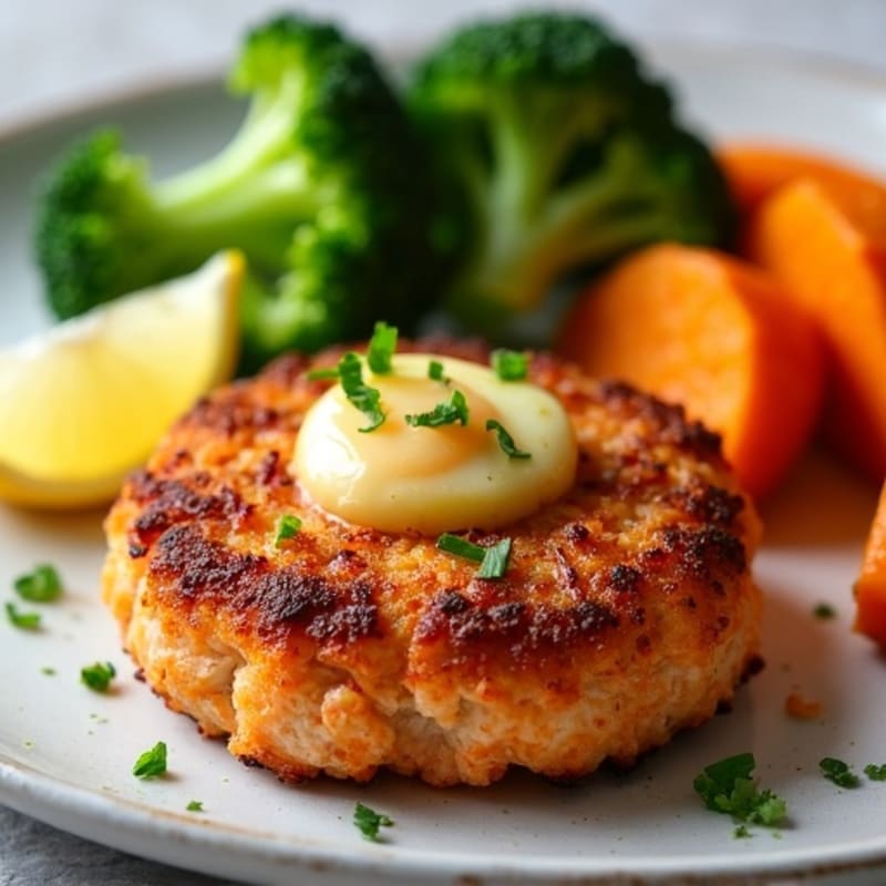 Crispy Canned Salmon Patties with Roasted Sweet Potatoes and Broccoli