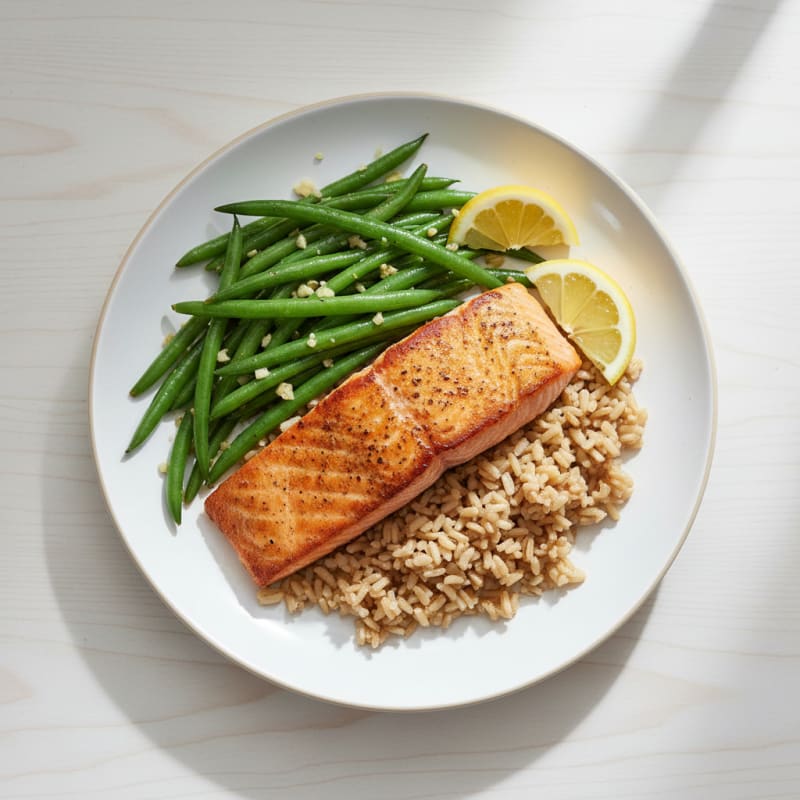 Seared Salmon Fillet with Garlic Green Beans and Brown Rice