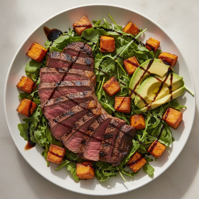 Grilled Steak Salad with Roasted Sweet Potatoes and Avocado