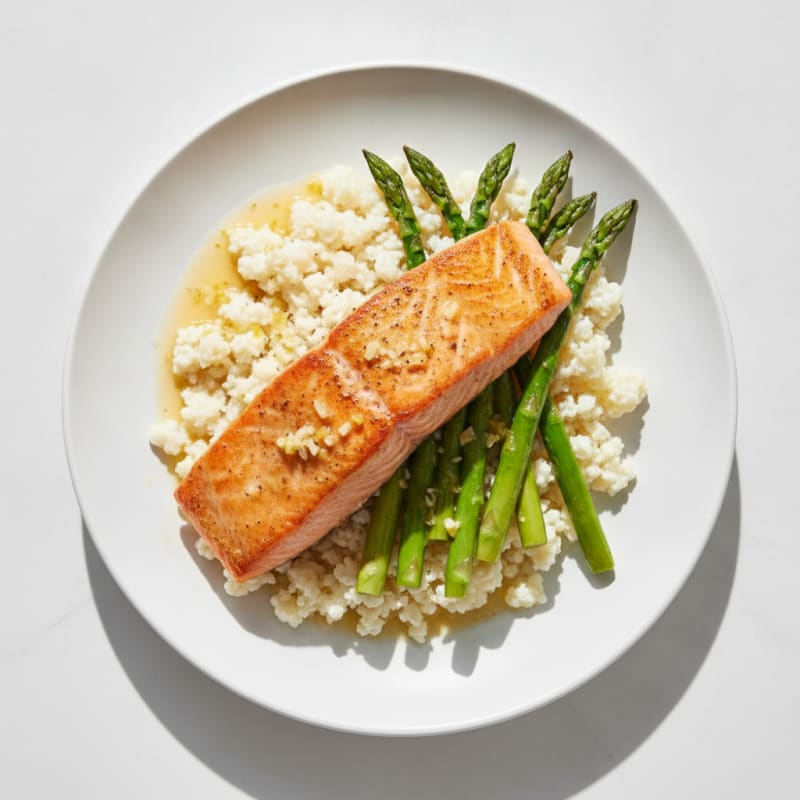 Seared Salmon with Lemon Garlic Asparagus and Cauliflower Rice