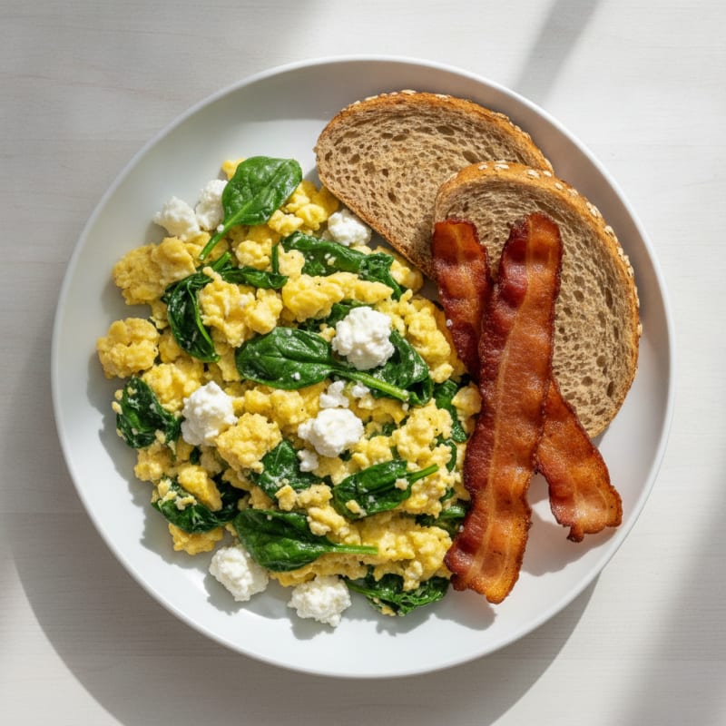 Cottage Cheese Scramble with Spinach and Turkey Bacon