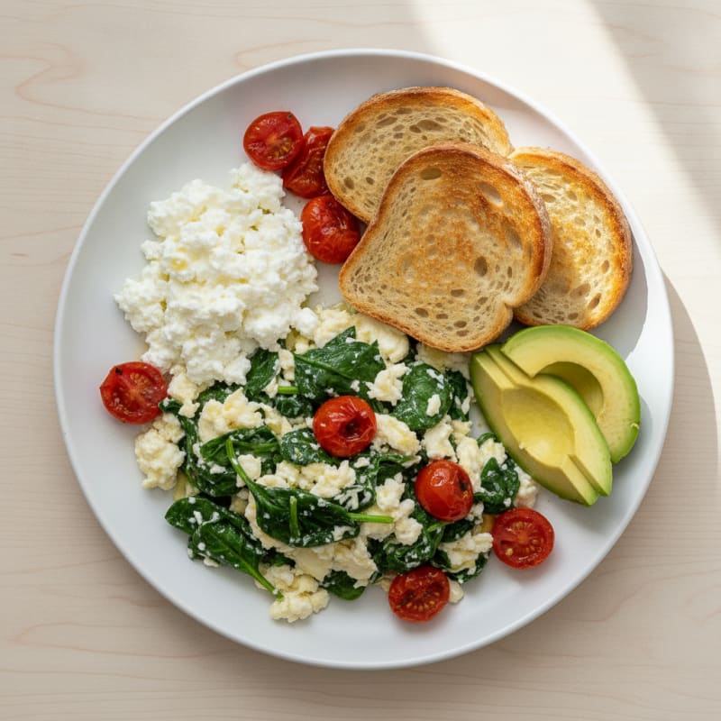 Egg White and Spinach Scramble with Cottage Cheese and Cherry Tomatoes
