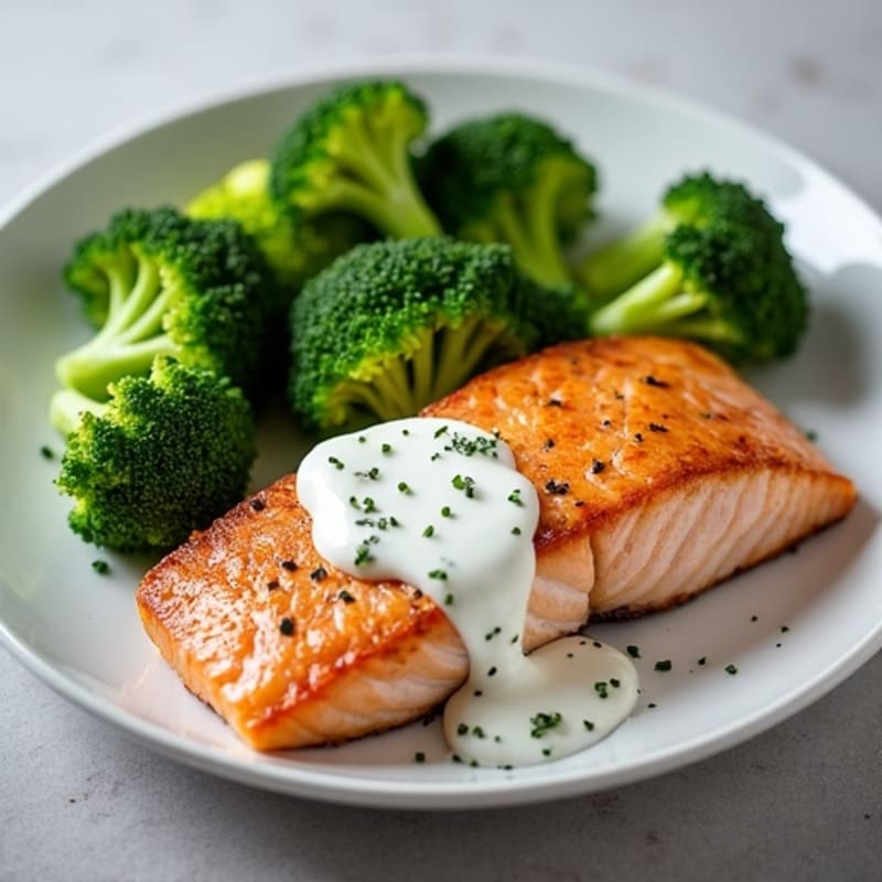 Seared Salmon Fillet with Steamed Broccoli and Greek Yogurt Dill Sauce