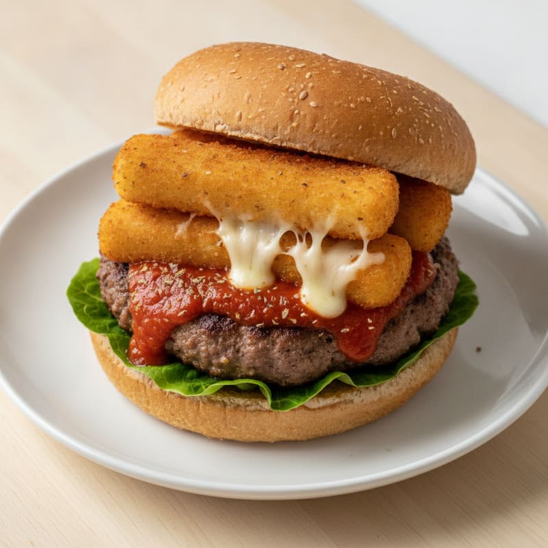 Mozzarella Stick Beef Burger with Marinara