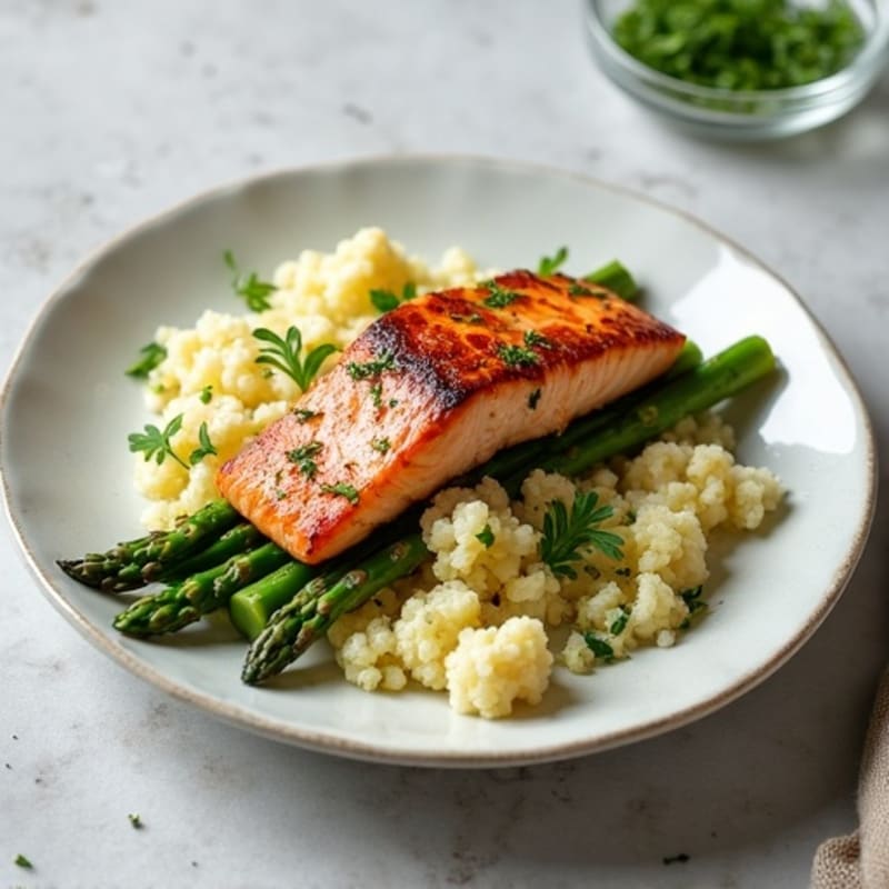Seared Salmon with Herbed Cauliflower Rice and Asparagus