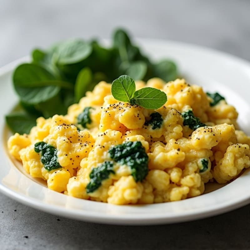 Fluffy Egg and Cottage Cheese Scramble with Sautéed Spinach