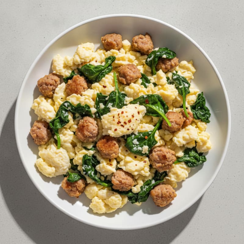 Scrambled Egg Whites with Turkey Sausage and Sautéed Spinach
