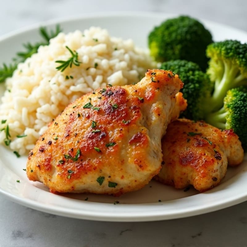 Crispy Lemon-Herb Chicken Thighs with Fluffy Garlic Rice and Roasted Broccoli