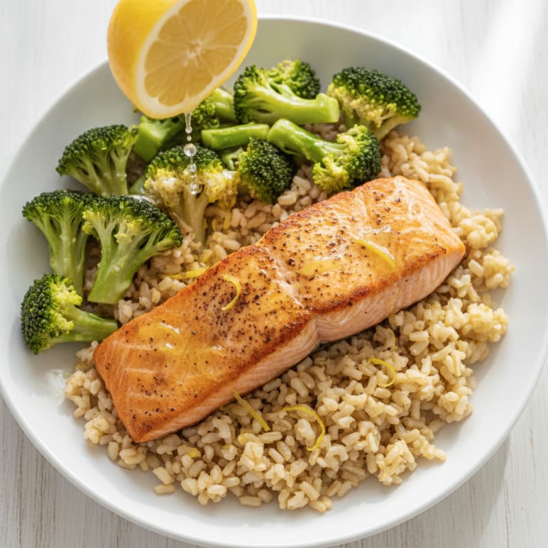 Seared Salmon with Steamed Broccoli and Lemon Brown Rice