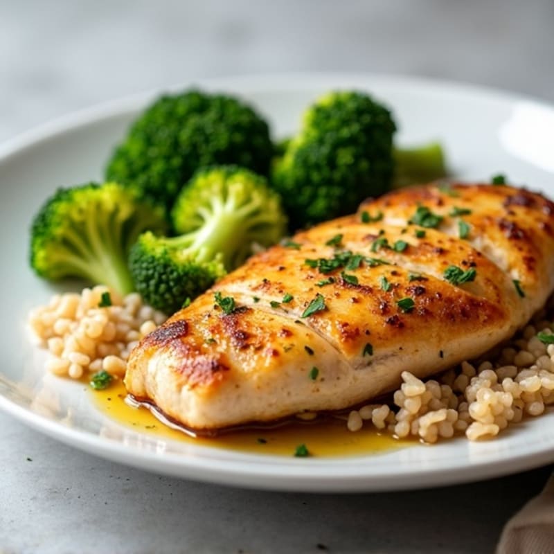 Roasted Chicken Breast with Garlic Brown Rice and Steamed Broccoli