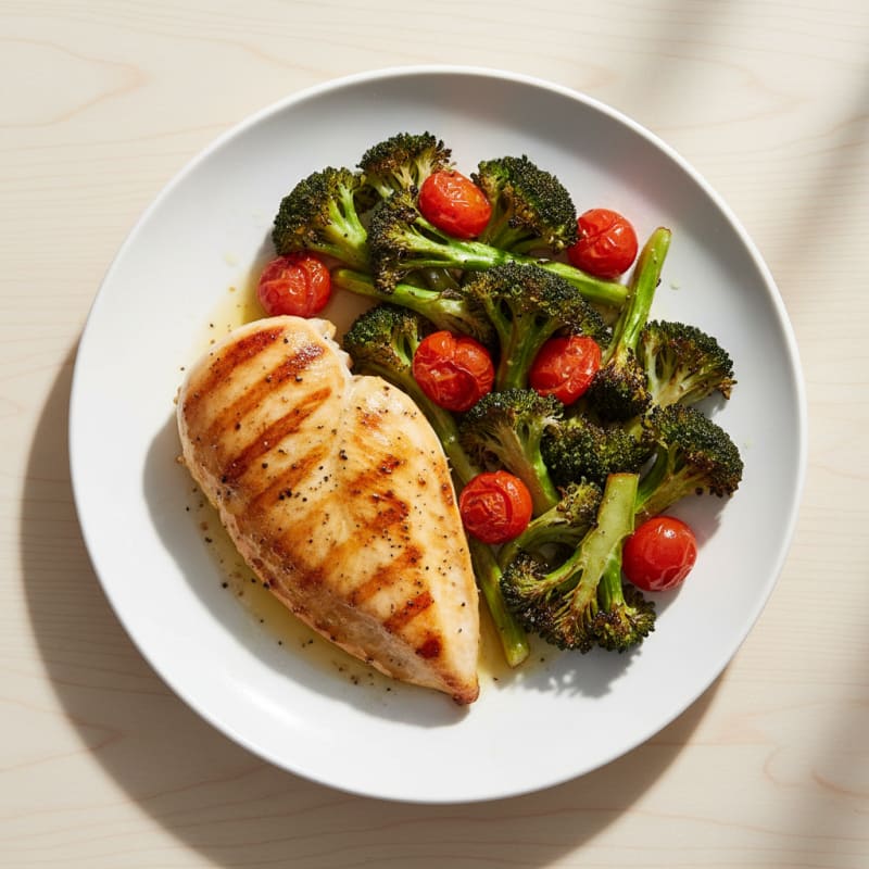 Grilled Chicken Breast with Roasted Broccoli and Cherry Tomatoes