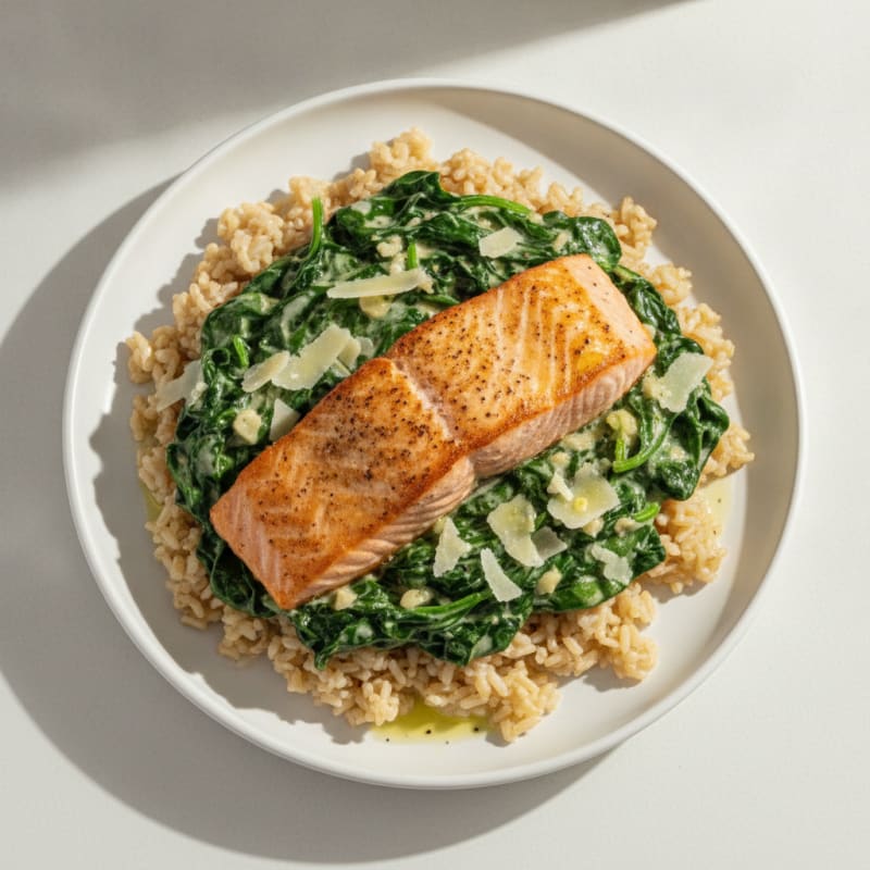 Seared Salmon with Creamy Spinach and Brown Rice