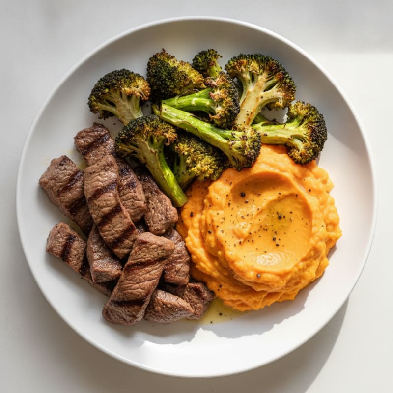 Seared Lean Beef Strips with Roasted Broccoli and Sweet Potato Mash