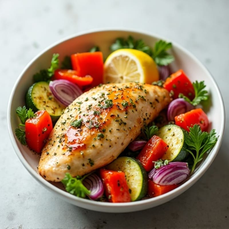 Lemon-Herb Roasted Chicken and Crispy Vegetable Bowl