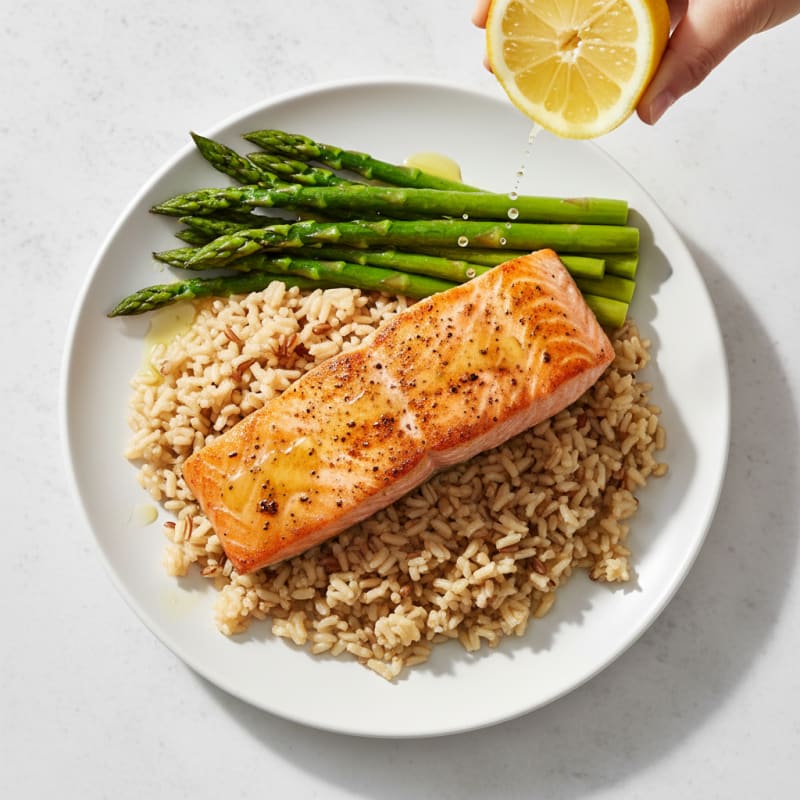 Seared Salmon Fillet with Steamed Asparagus and Brown Rice