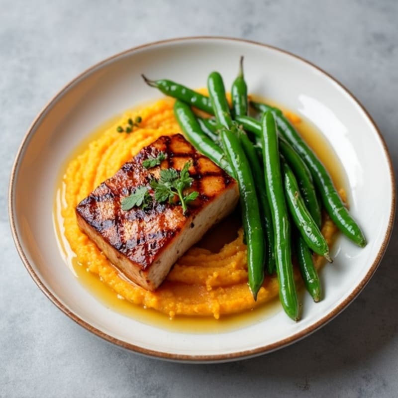 Seared Tuna Steak with Garlic Green Beans and Sweet Potato Mash