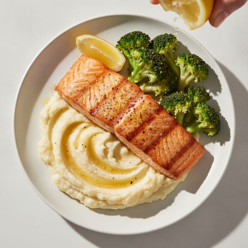Seared Salmon with Steamed Broccoli and Creamy Garlic Mashed Cauliflower