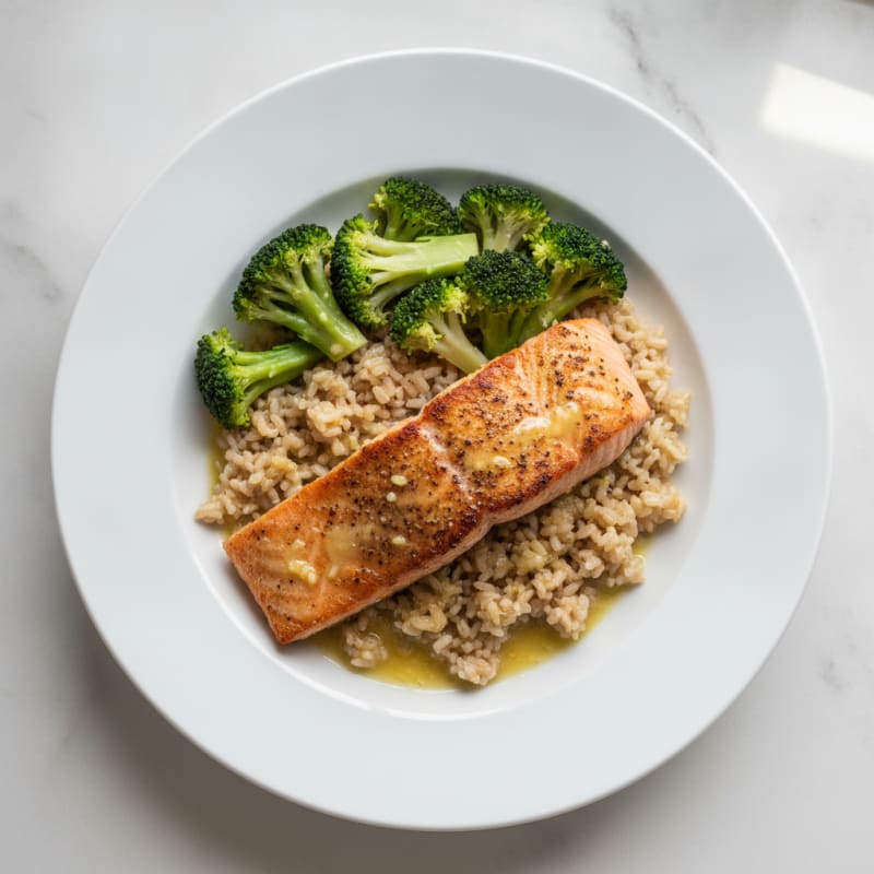 Pan-Seared Salmon with Steamed Broccoli and Brown Rice
