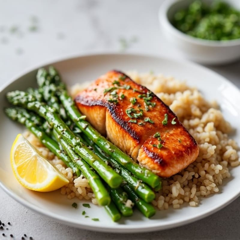 Seared Salmon with Steamed Asparagus and Brown Rice