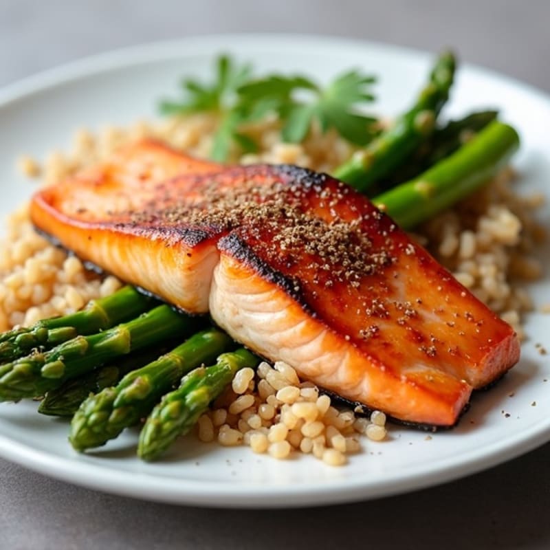 Seared Salmon with Steamed Asparagus and Brown Rice