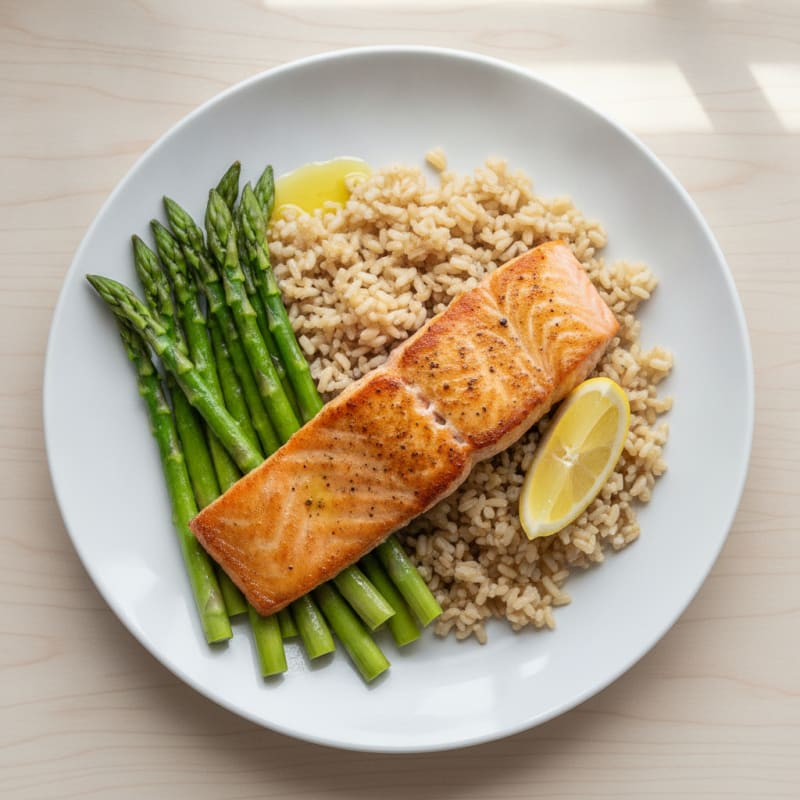 Seared Salmon Fillet with Steamed Asparagus and Brown Rice