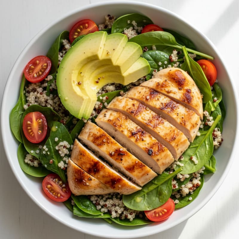 Grilled Chicken Quinoa Bowl with Spinach and Avocado