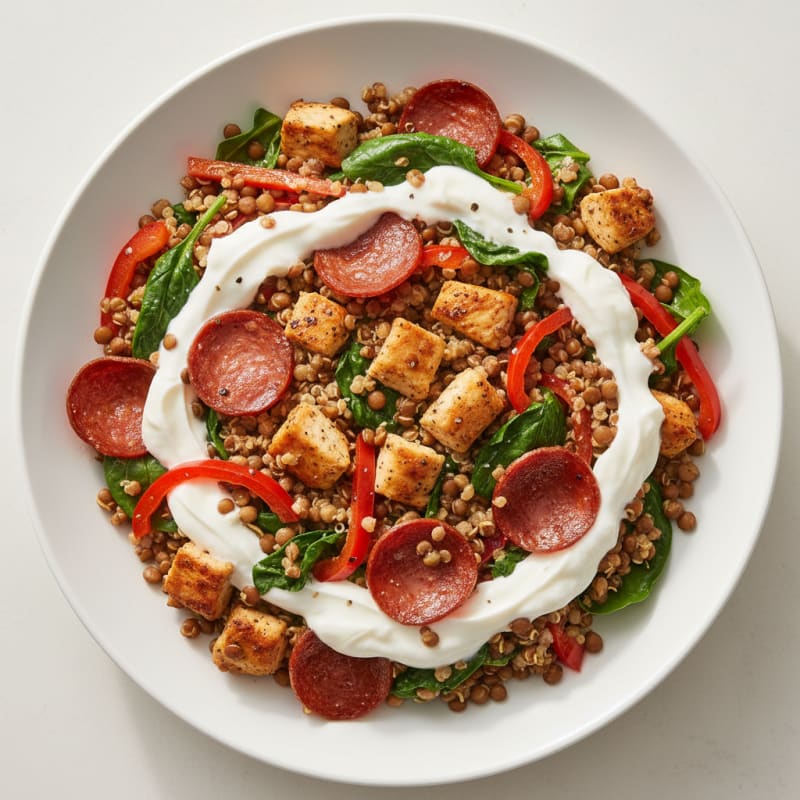 Creamy Lentil & Pepperoni Quinoa Bowl