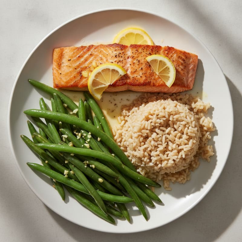 Seared Salmon Fillet with Garlic Green Beans and Brown Rice