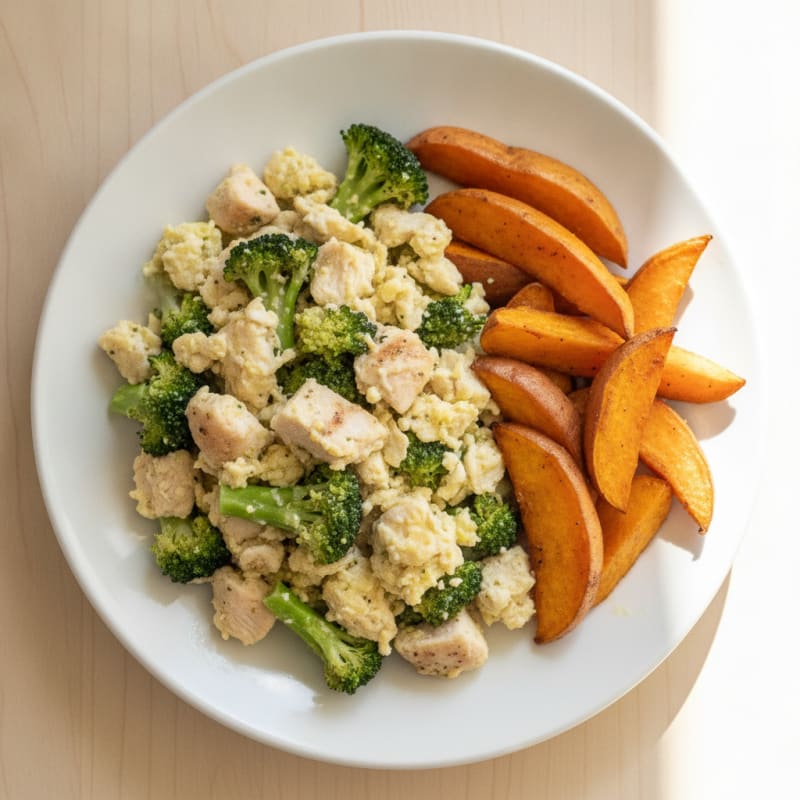 Egg White and Chicken Scramble with Sautéed Broccoli