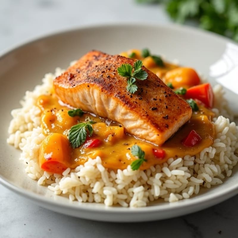 Flaky Salmon with Creamy Coconut Curry and Steamed Rice