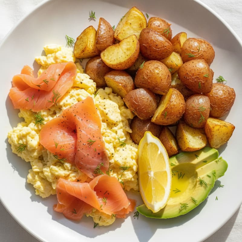 Scrambled Eggs with Smoked Salmon and Roasted Potatoes